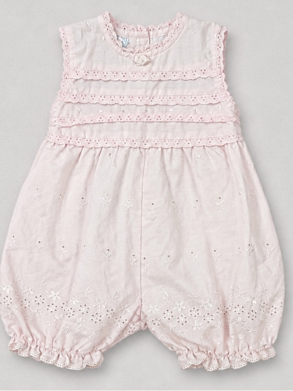 Baby Grand Pink eyelet bubble romper with ruffle accents size 9 months